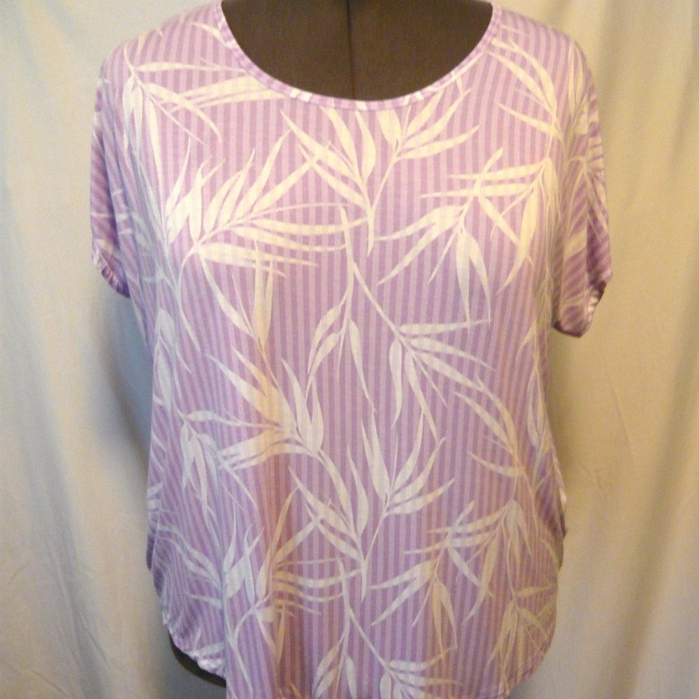 Lands' End Plus Size Purple Stripe Palm Jersey Top 2XL Short Sleeve